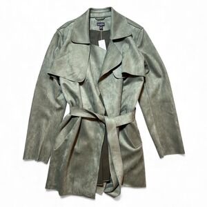 Ann Taylor Factory Faux Suede Belted Waterfall Trench Coat Olive Green XL NWT